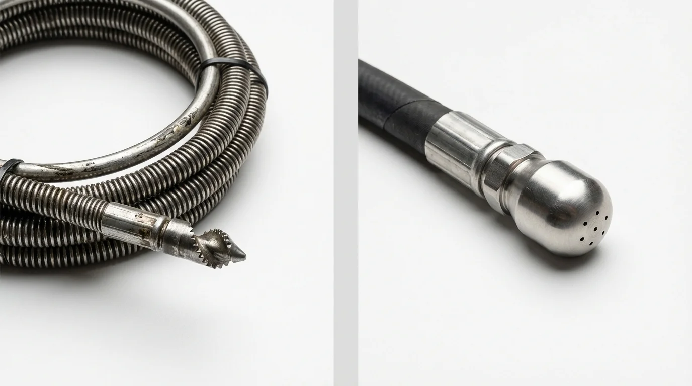Drain snake cable and hydro jetting nozzle used for drain cleaning in Montague, MA