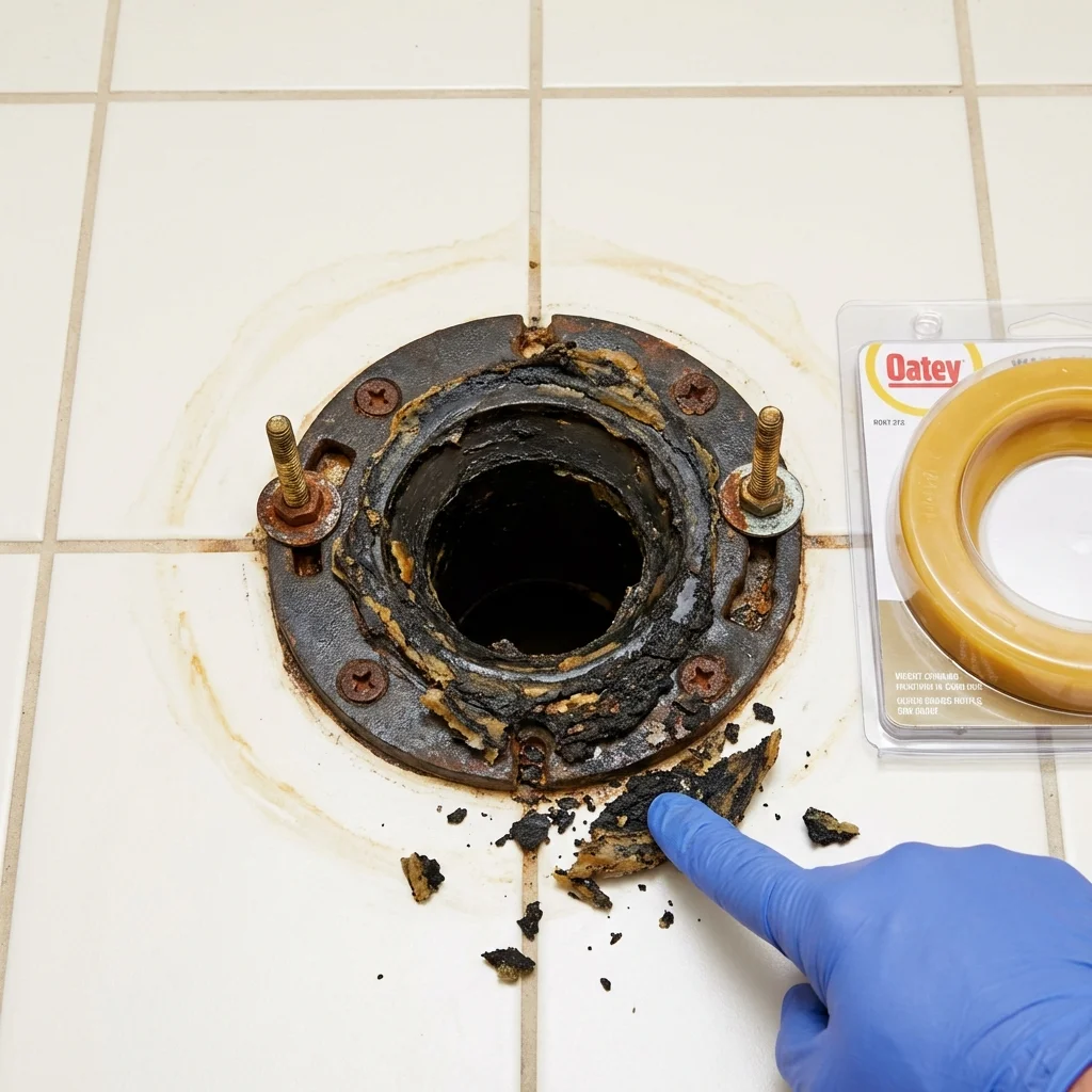 Failed wax ring showing water seepage at the base of a toilet in a Montague, MA home