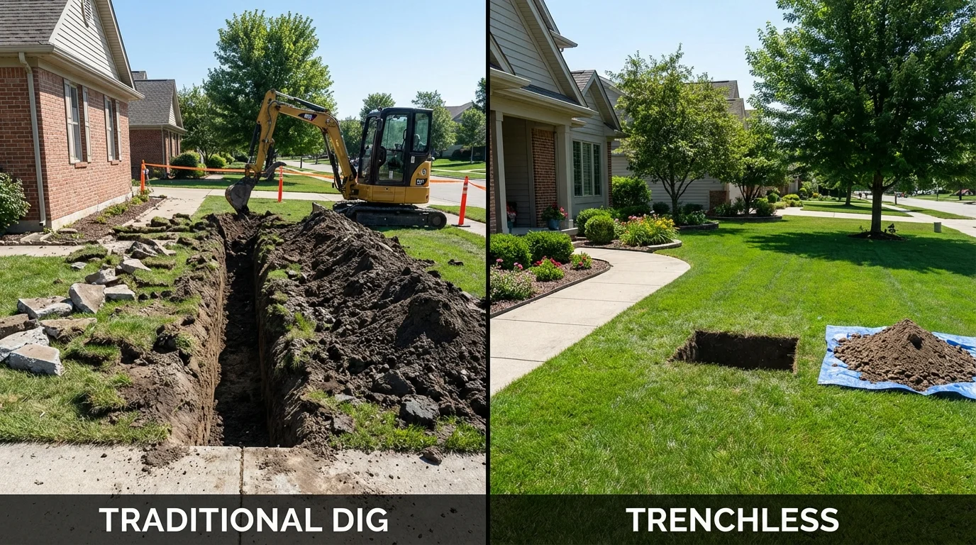 Trenchless sewer repair with minimal yard damage versus traditional excavation in Montague, MA