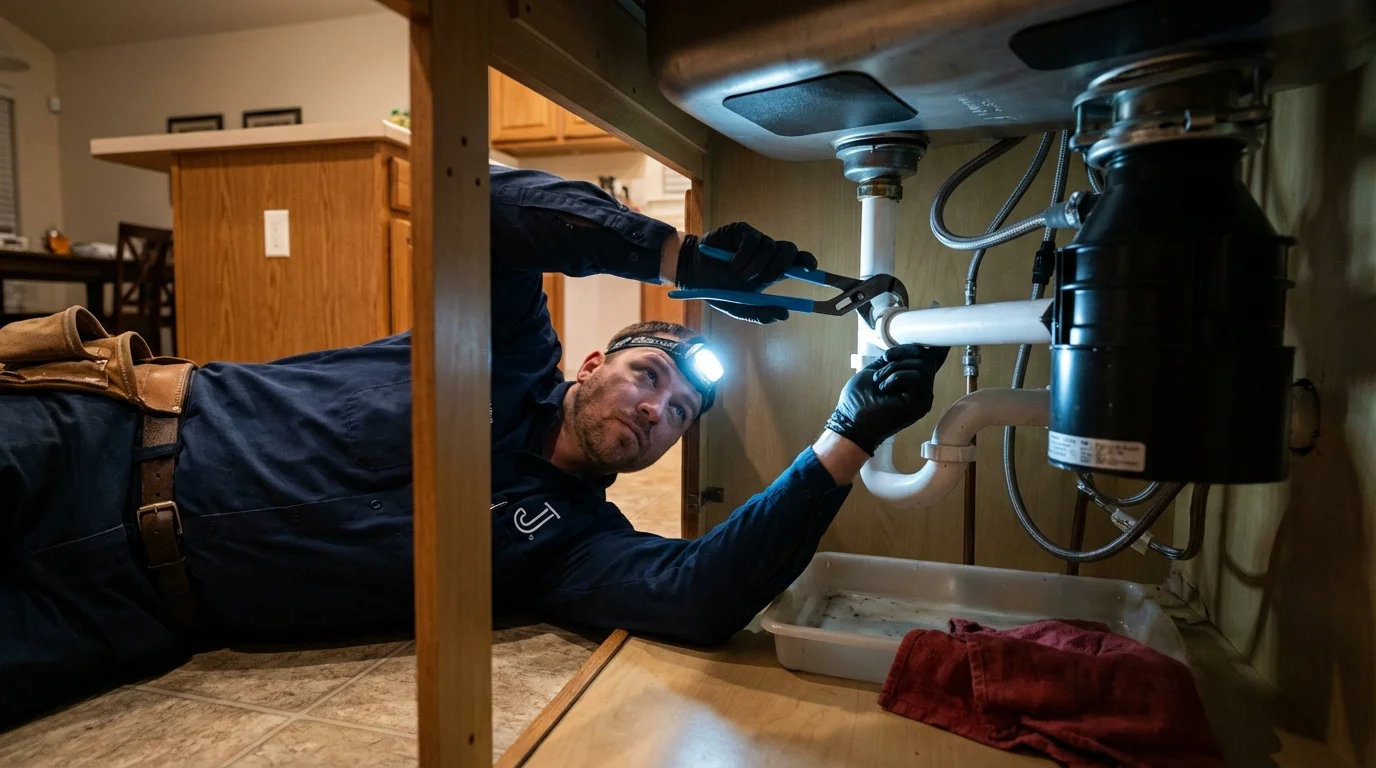 P-trap and supply line connections under a kitchen sink showing a common leak point in Montague, MA